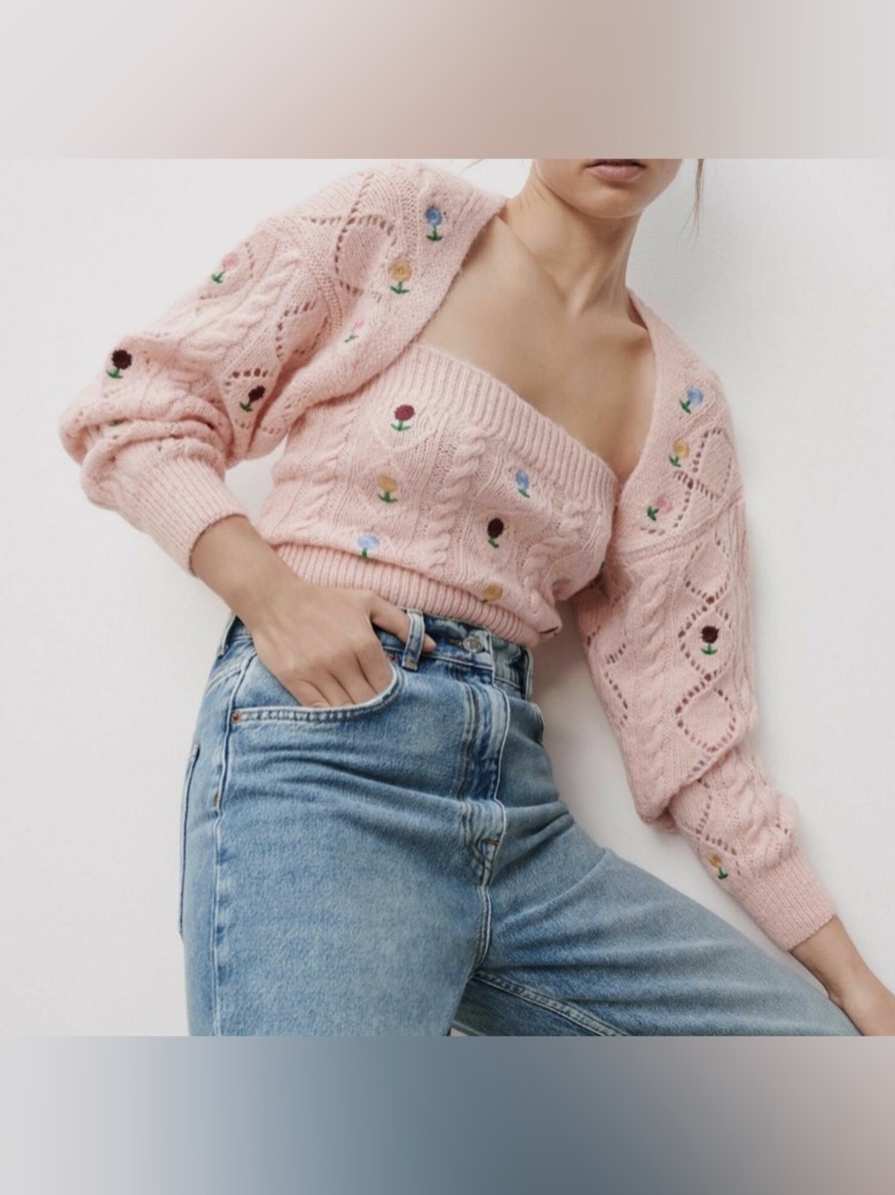 Zara Blush Pink Pointelle Knit Floral Embroidered Cardigan Shrug | Coquette M